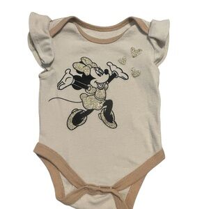 Disney Baby Minnie Mouse Bodysuit 3-6M Beige Glitter Hearts Ruffle Sleeve‎